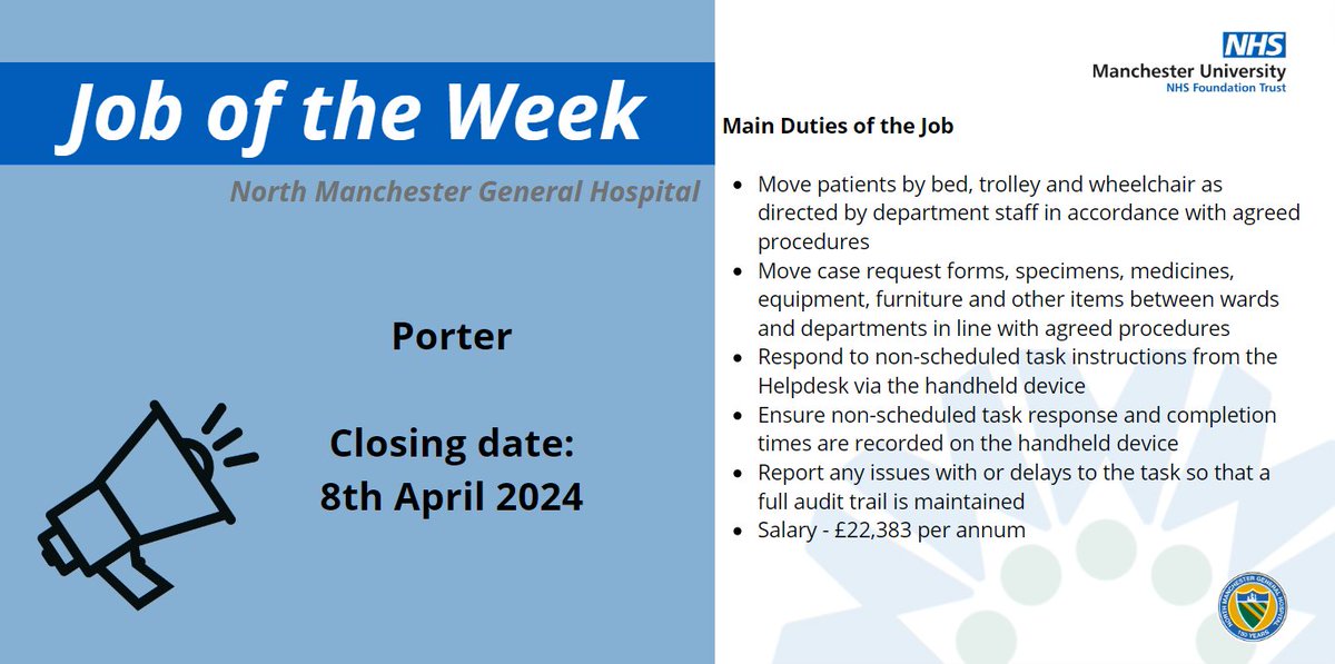 VACANCY: Porter - North Manchester General Hospital. Come and join #teamNMGH family and help shape a very bright future.
jobs.nhs.uk/candidate/joba…