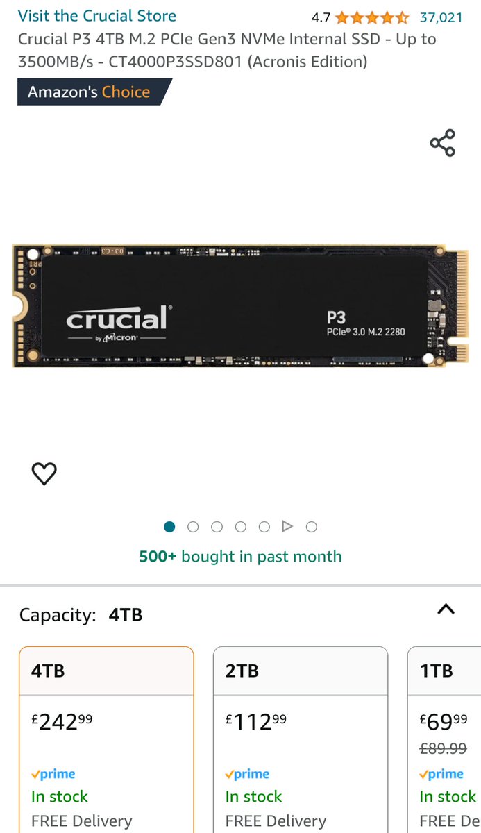 Hopefully some people took this opportunity, I did. It is now back up to £243 and the chances of it going below £180 again are low. But it probably will be reduced again. #PC #Crucial #P3 #NVMe