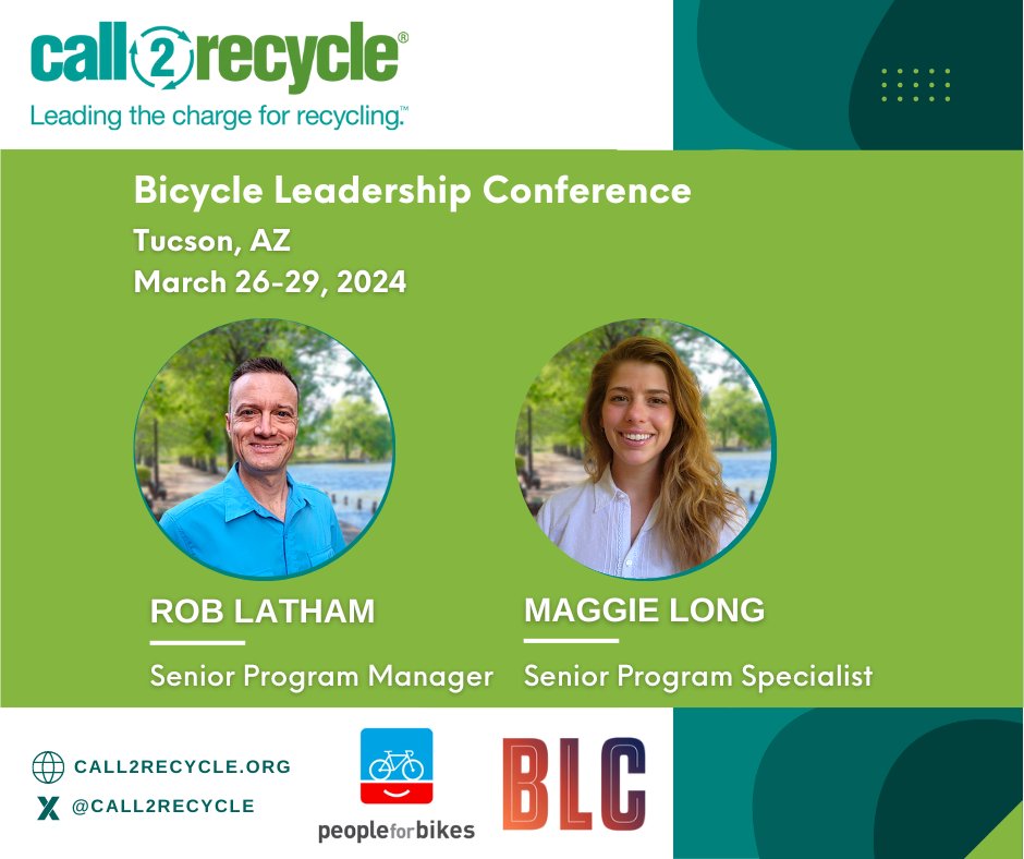 Rob Latham, Senior Program Manager, and Maggie Long, Senior Program Specialist, are attending @PeopleForBikes’ Bicycle Leadership Conference this week in Tucson! 🌄 🏜🌵 If you’re a brand owner interested in participating, email RLatham@call2recycle.org.