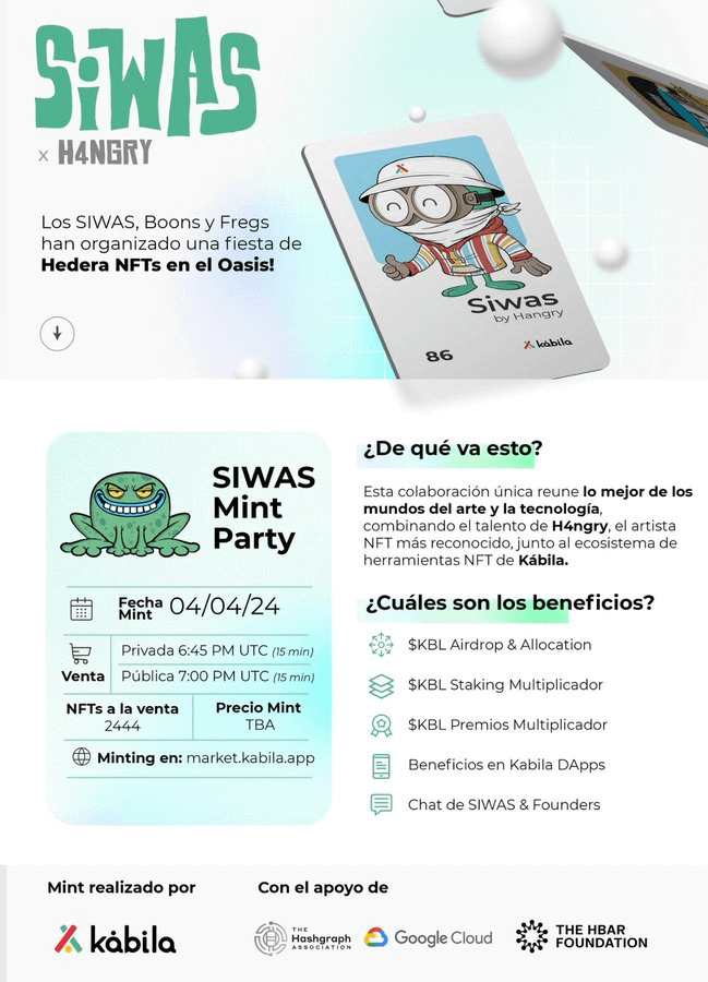 LexMorenoCripto's tweet photo. SORTEO 10 WL -  COLECCIÓN NFTs SIWAS 🚨

@KabilaES team me ha dado 10 WL para participar el 4 de Abril en el Mint en Venta Privada (15' antes  de la publica)

Precio --> 644 HBAR = 73$

REQUISITOS
1-Seguir @lexmorenoweb3 @KabilaES
2-Repost y Like
3-Comenta $SIWAS

Ganador en 48H⏳