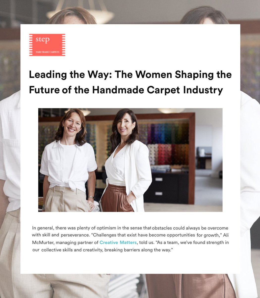 MatteStories's tweet image. Have you seen? Our client @cmi_design's managing partners Ali McMurter and Ana Cunningham are featured on Label STEP discussing their experience as female leaders within the handmade carpet industry. 

label-step.org/news/the-women…

#CreativeMatters #FemaleLeadership