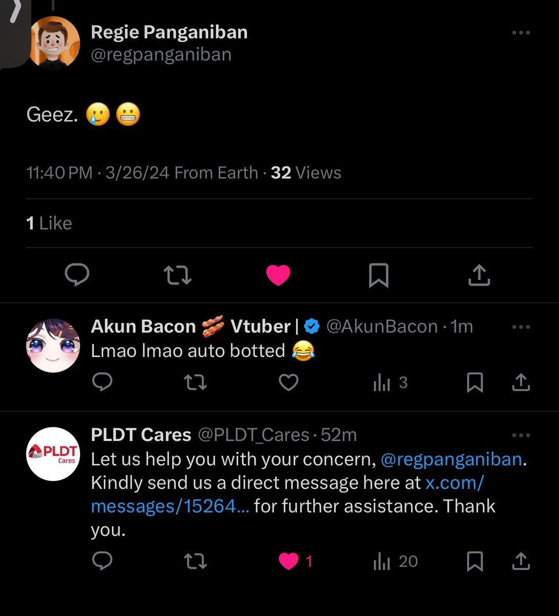 PLDT aside from my internet (prayge it get fixed tomorrow) you guys gotta tweak your autobot/autoreply and what they auto reply to. 😅

or maybe have someone who manages the customer concerns side and only replies to people who actually have the problem. I’m just sayin’ 🤷🏻‍♀️