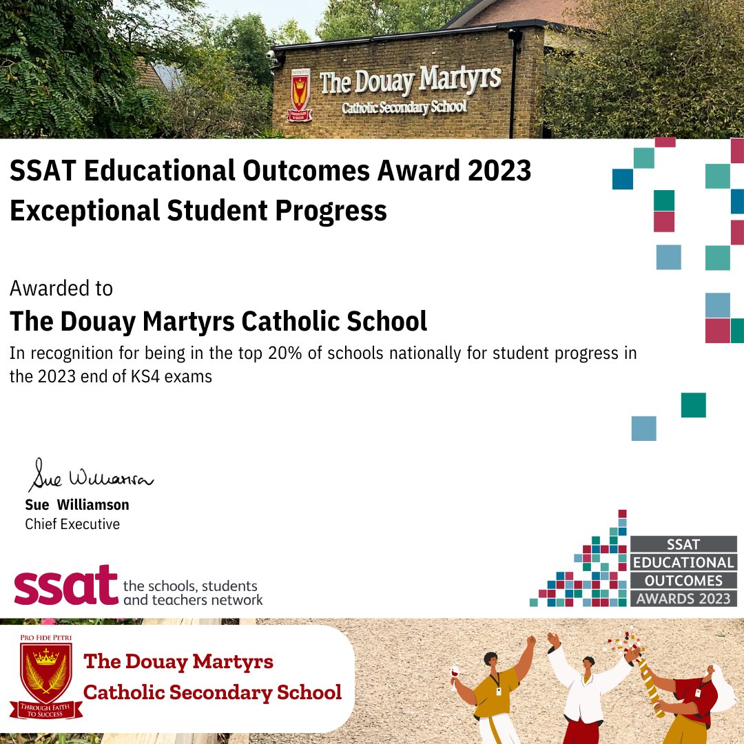 We are happy to announce that #Douay has won 2 @ssat #Educational Outcomes #awards for being in the top 20% of schools nationally for #studentprogress & in the top 20% of non-selective #schools for #studentattainment in the 2023 end of #KS4 #exams. Well done to our #students!🎉✨