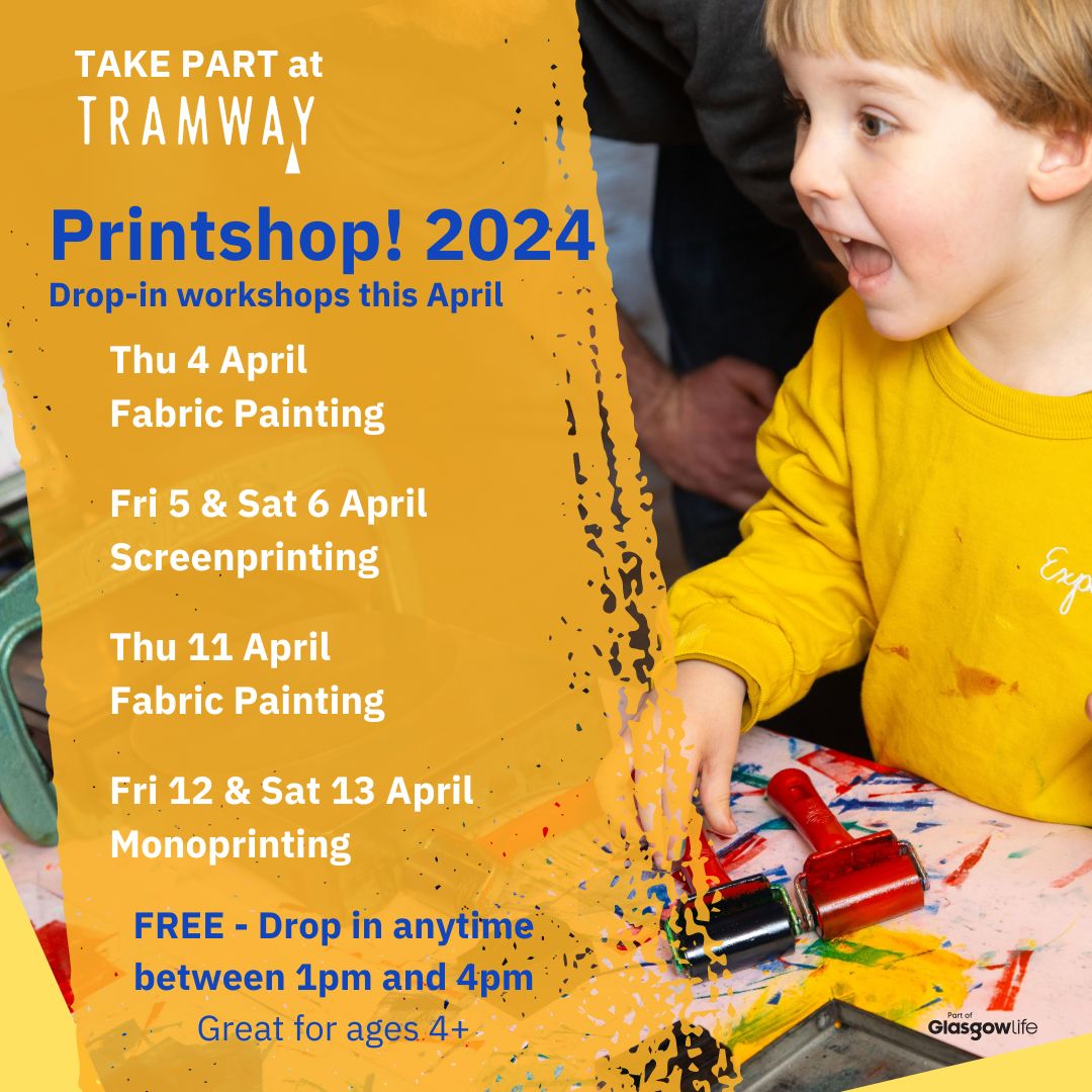 Ahead of the spring holidays..... here is a run-down of drop-in sessions we're running in April. Take Part at Tramway to try out Fabric Painting, Screenprinting and Monoprinting FREE! 4 - 6 April and 11 - 13 April, from 1pm to 4pm Full details👇