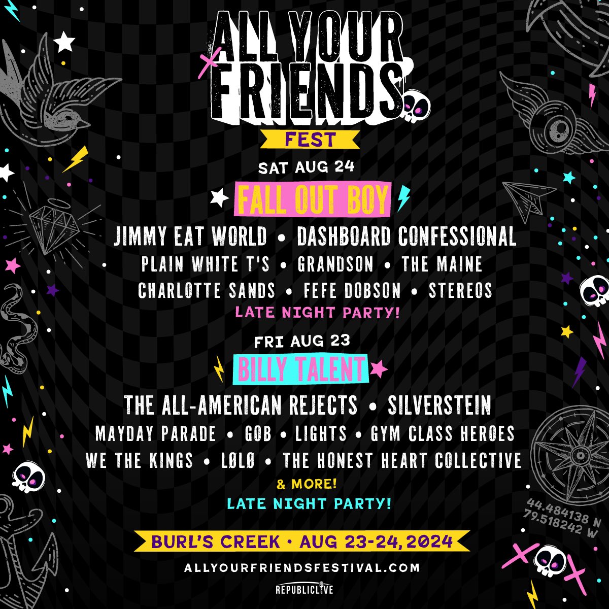 Stoked to announce we will be @burlscreek this summer for @allyourfriendsfest. Aug 23! 🎉 Use code ARTISTFRIENDS for pre-sale access this Wed, Mar 27 @ 10AM EST. Public on-sale Fri, Mar 29 @ 10AM EST #allyourfriendsfest #ayf 

TICKET LINK: …lyourfriendsfest.frontgatetickets.com