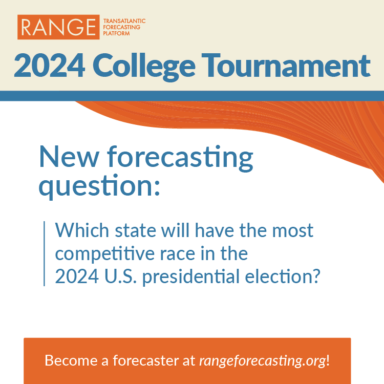 The 2024 #RANGE College Tournament is still underway, and our next question just went live! 'Which state will have the most competitive race in the 2024 U.S. #presidentialelection?' Forecast here & don't forget to apply for our upcoming internship! rangeforecasting.org/questions/148-…