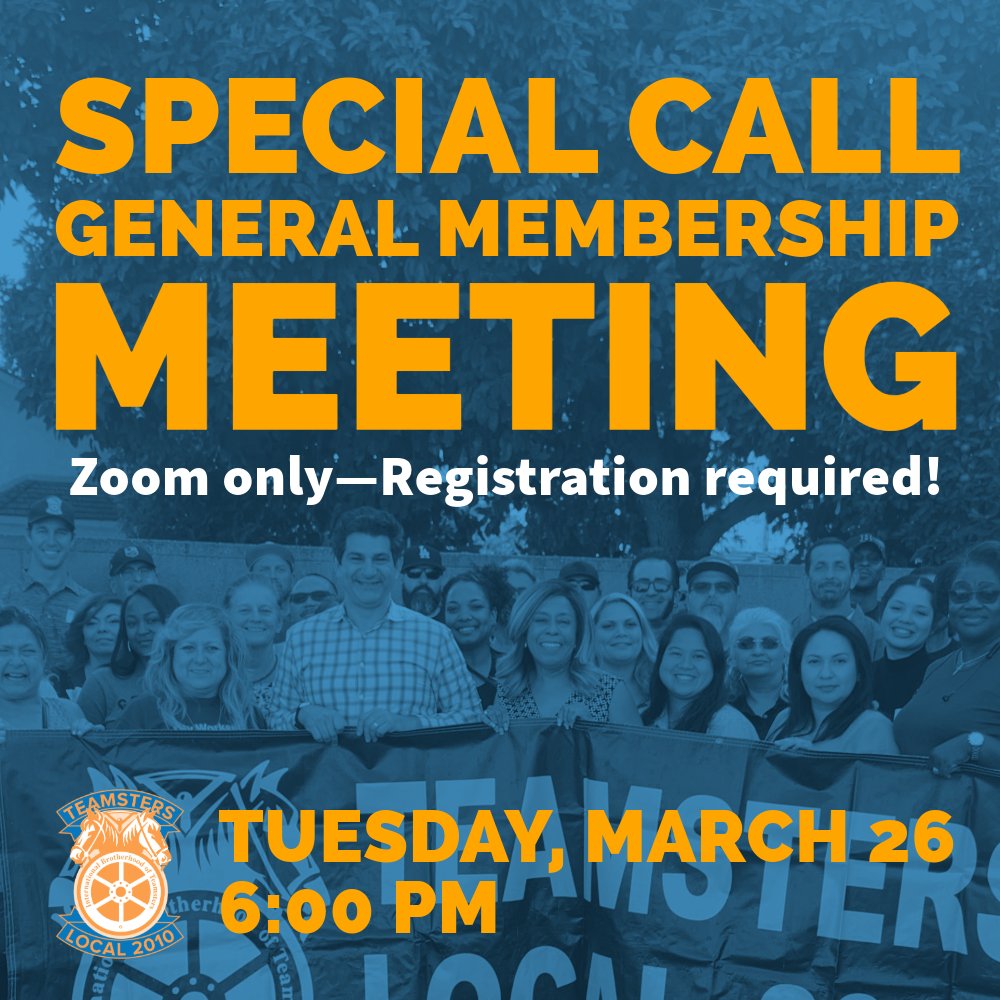 Join us tonight at 6:00 PM on Zoom for a Special Call General Membership Meeting. All members in good standing are invited to attend and vote on Union business. Members, check your email for the link to register.