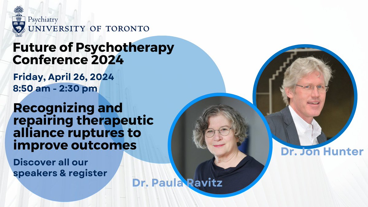 What happens when trust between patient & therapist is lost? Join Drs. Jon Hunter (@boibyJH) & Paula Ravitz (@PaulaMSPI) as they discuss how to recognize & repair ruptures in the therapeutic alliance. Register for the Future of Psychotherapy Conference: bit.ly/future-psychot…