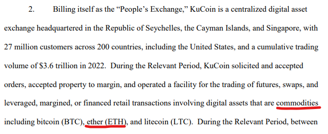 Hidden gem in the CFTC's KuCoin complaint 🍿 Usually the SEC and CFTC pretend they aren't in a turf war over crypto. Today the CFTC is openly attacking the SEC's supposed investigation of ETH. This may seem minor, but is actually pretty savage interagency drama by DC standards: