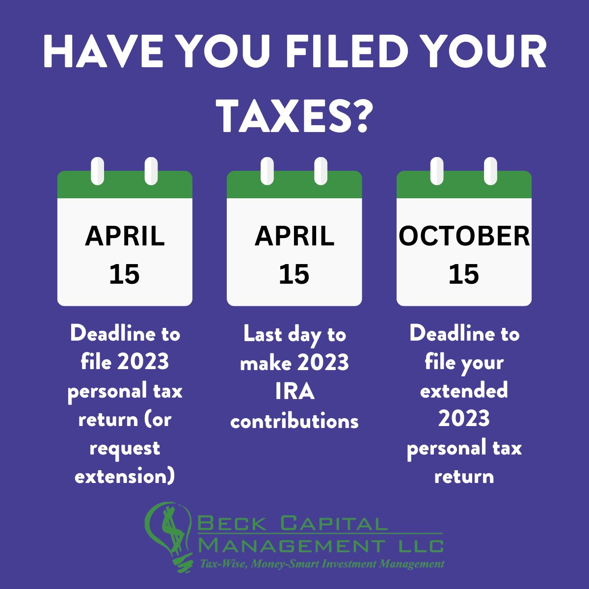 BeckCapMgmt's tweet image. As we edge closer to the tax filing deadlines, it&apos;s crucial to stay ahead of the game. At Beck Capital Management, we&apos;re here to remind you of the importance of filing your taxes on time and keeping track of crucial deadlines.

#TaxSeason2024 #FilingDeadline #FinancialWellbeing