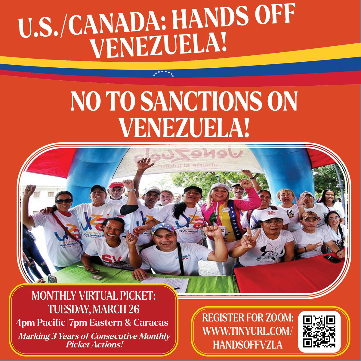 📢Tonight! Join the monthly online pickets demanding #US/#Canada #HandsOffVenezuela!🇻🇪 Tues March 26 2024 @ 4pm PST/7pm (#Caracas/EST) Register at: tinyurl.com/handsoffvzla. #Vanpoli #BCpoli #Cdnpoli #uspoli #Venezuela2024 #SanctionsKill #UnBlockVenezuela #VivaVenezuela #Venezuela