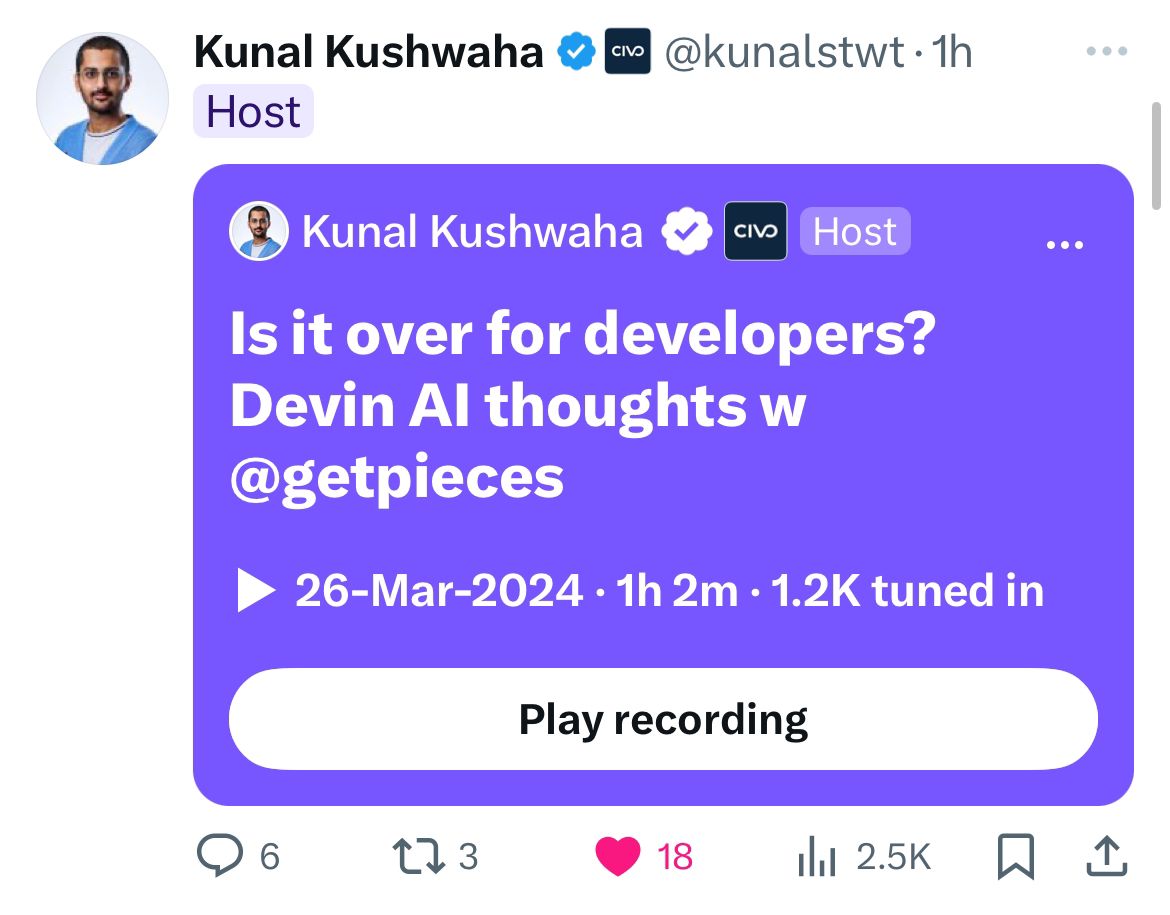 Kunal (@kunalstwt) just hosted a Space with the amazing @getpieces team! 💙 Here are some highlights from the earlier part of the discussion 🧵 Developers, don't miss it 👇🏻