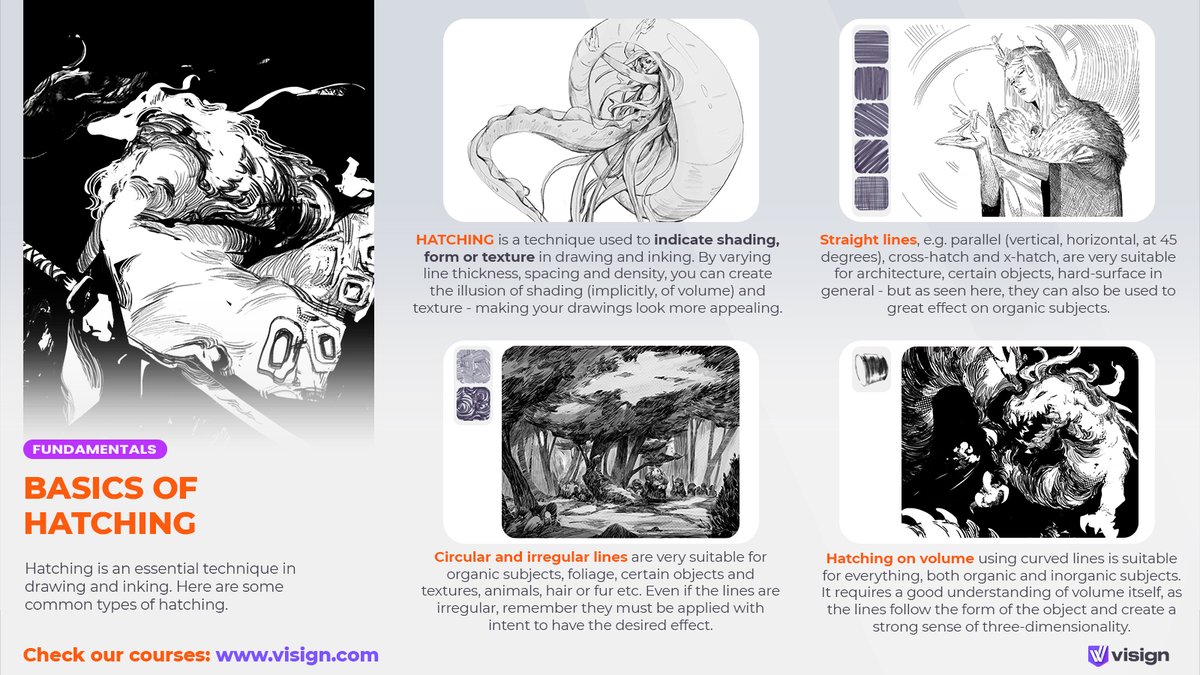 Hatching enhances the illusion of shadow, form and texture in drawing and inking. Here are some common types of hatching.