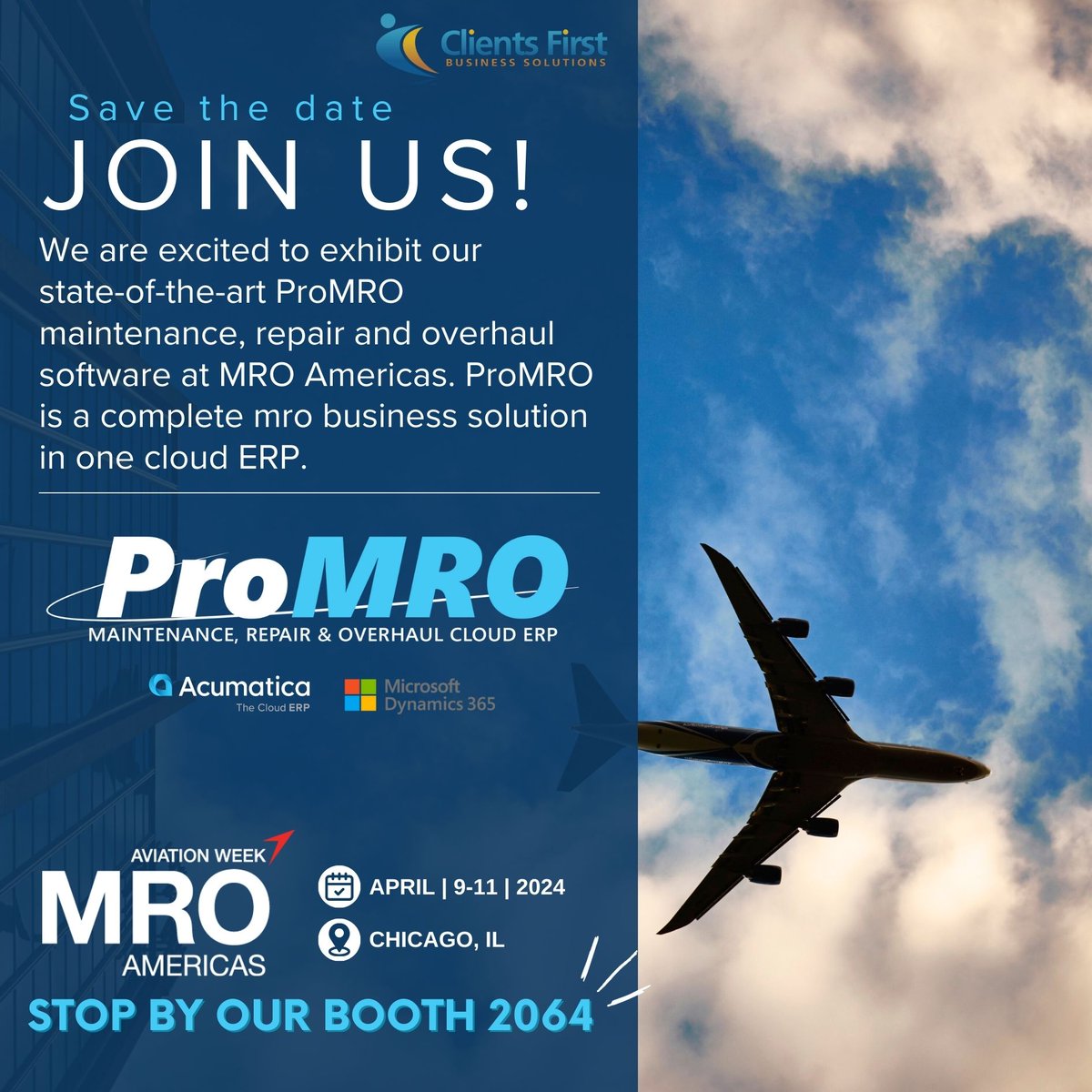 ClientsFirstTX's tweet image. ProMRO exhibits at MRO Americas 2024 Chicago from April 9-11 in Booth 2064 and join ProMRO webinar Wed, March 27, 2024 at 12 PM ET / 9 AM PT 
bit.ly/49dPb4b #MROAmericas2024 #ProMRO #AviationTech #AviationWeek #MROAM #MROSoftware #MROAmericas #AviationConference