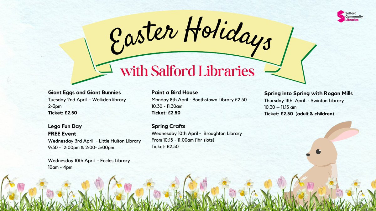 Have you seen our EGGSellent Easter events programme? You could join us and welcome back Rogan Mills in our interactive storytime or get crafty with our Spring crafts event and more. For more details and to book, head on over to salfordcommunityleisure.co.uk/whats-on/easte…