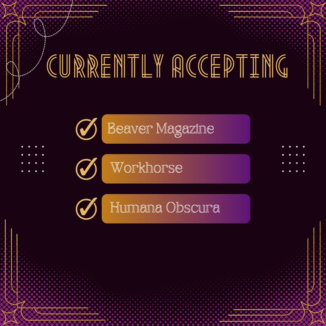 What does you submission schedule look like?

Beaver Magazine
beavermag.org/submit/

Workhorse
workhorsewriters.submittable.com/submit

Humana Obscura
humanaobscura.com/submit

#beavermagazine #submissioncall
#workhorse #humanaobscura