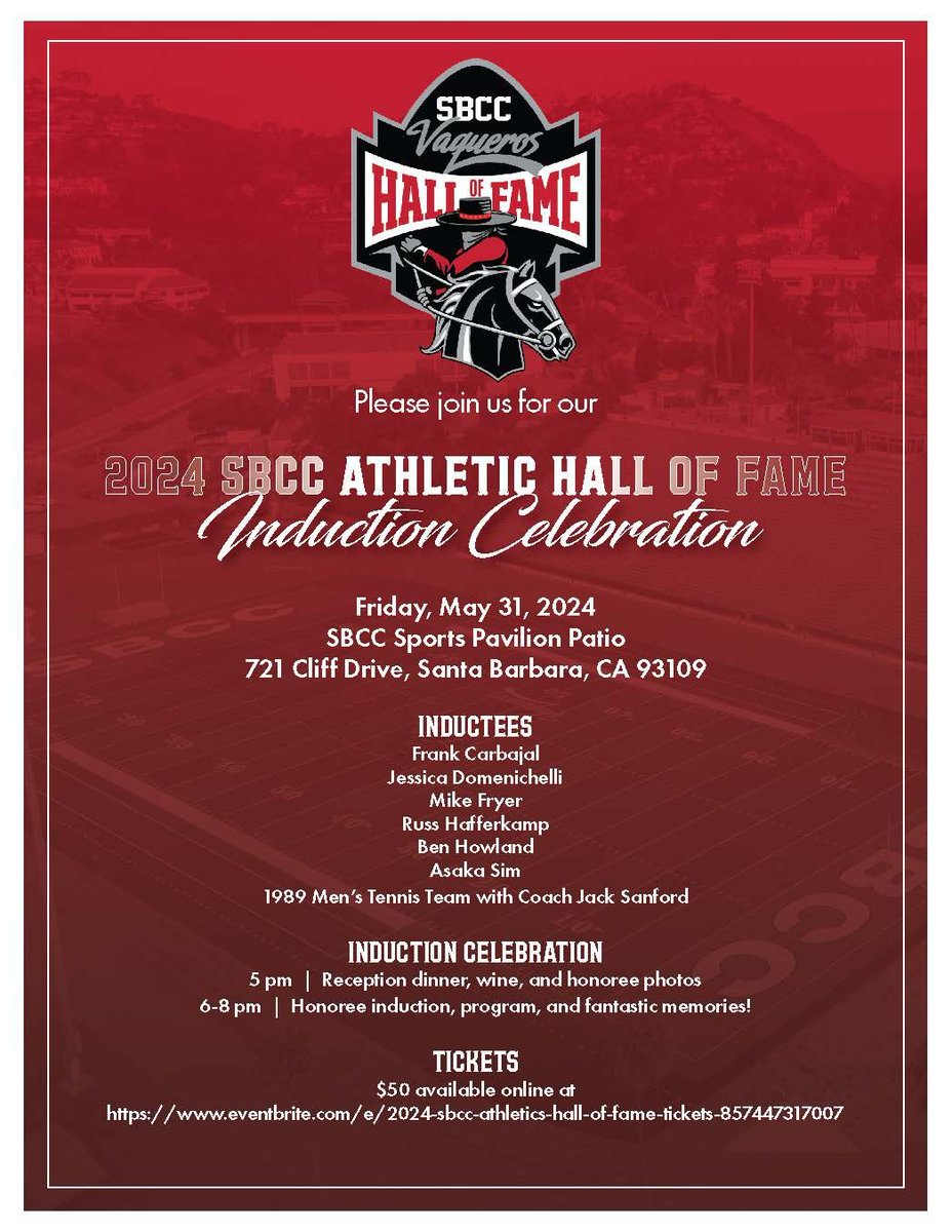 Join SBCC's Athletics Department for the 2024 SBCC Athletic Hall of Fame Induction Celebration on Friday, May 31! Purchase tickets here: buff.ly/43xUYAa