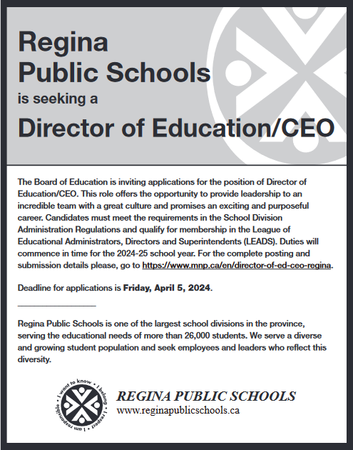 The Regina Board of Education is inviting applications for the position of Director of Education/CEO of Regina Public Schools. Deadline for application is April 5, 2024. Read more here: reginapublicschools.ca/careers/direct…