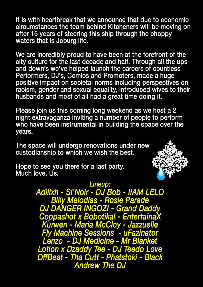 KITCHENERS FAREWELL PARTIES THIS WEEKEND SAT 30 MARCH &amp; SUN 31 MARCH. Tell your friends to tell their friends.