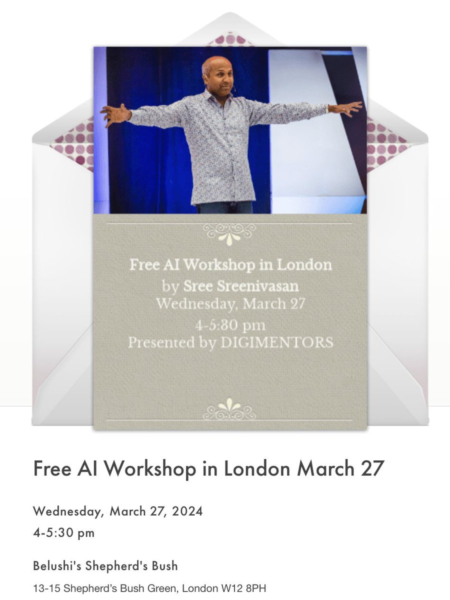 I'm doing a FREE AI Workshop in London on Wednesday. I call it my 'Non-scary Guide to AI'... please share with folks in the London area. Details and signup: bit.ly/sreelondon2024