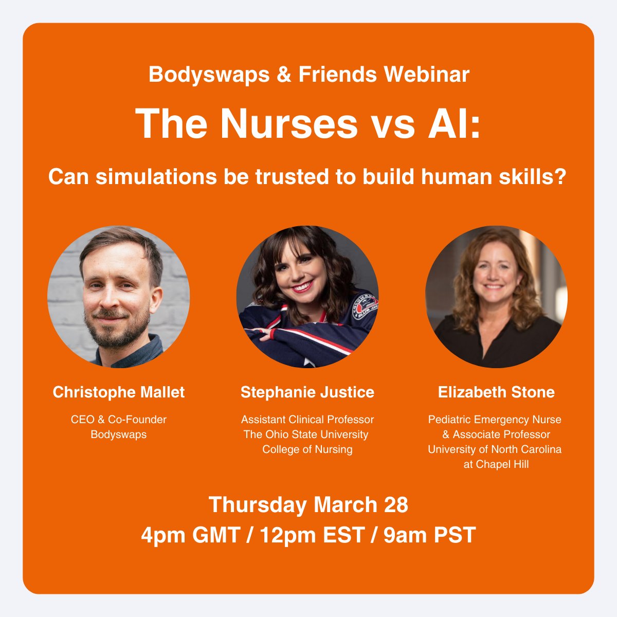 2 days until our next webinar! Join host Chris to hear from Stephanie Justice and Elizabeth Stone on the topic of whether AI simulations can be trusted to build the human skills so necessary in nursing. Sign up: bit.ly/3vsF5P2 #AIinNursingEducation #NursingEducation