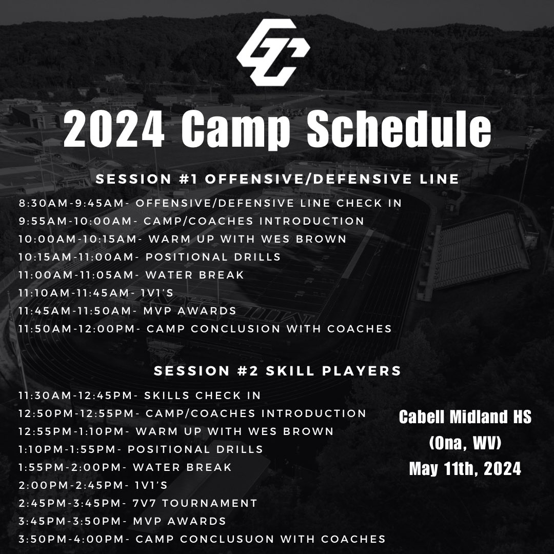 Schedule for this year’s GCOH Exposure Camp🔥. Make sure to get signed up! Deadline to register is April 29th! Come earn your exposure and get coached by the best! Register here: gcohperformance.net/camps @toby_lux @GCOHCampSeries @WESLEYBROWNSR @Spotlight39_Pod @SportsTalk_304…