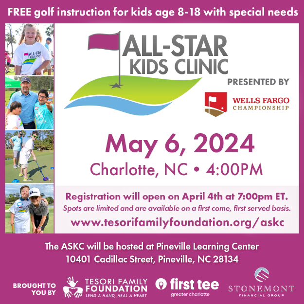 SAVE THE DATE, Charlotte! We are back alongside the @thefirstteeofgreatercharlotte and we couldn't be more excited. Registration for the All-Star Kids Clinic opens on April 4th at 7:00 pm EST!

#TFF #ASKC #TFTGreaterCharlotte #charlotte #golfclinic