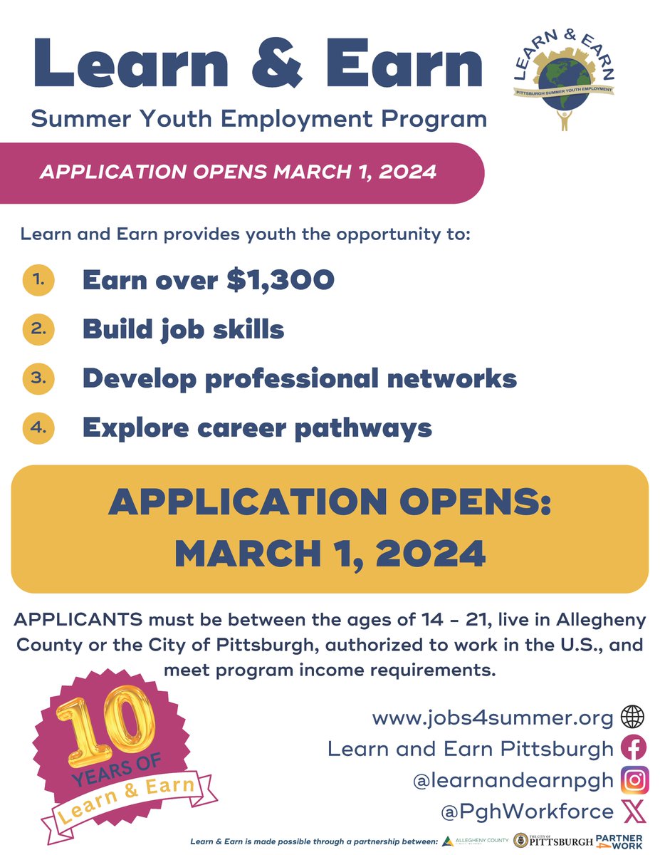 CitiParks's tweet photo. REMINDER:  Applications are OPEN for the LEARN &amp; EARN Summer Youth Employment Program!

This community-wide effort empowers youth &amp; young adults to gain workforce skills to become successful members of our region’s workforce.  APPLY TODAY: https://t.co/y9sPyTpqBS

@PghWorkforce https://t.co/RUPoaClSBc