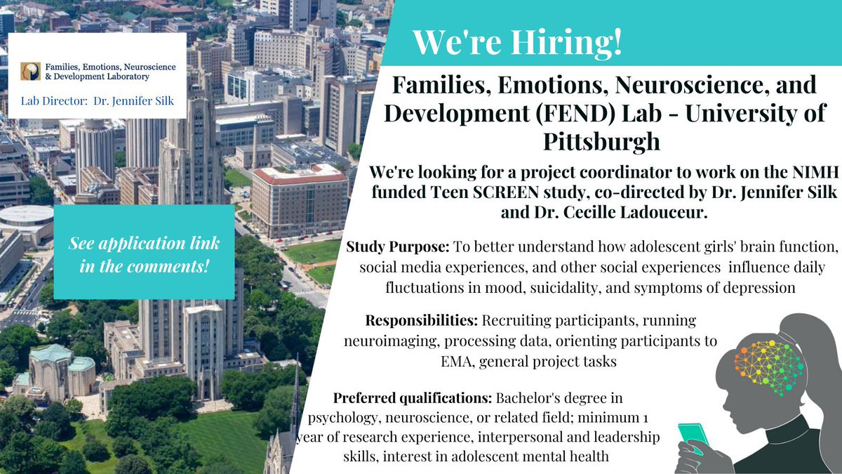 We’re hiring a Project Coordinator at  <a href="/PittTweet/">University of Pittsburgh</a> on a study examining social media use, the brain, and internalizing disorders in teen girls. Application link in the comments. Please share widely!