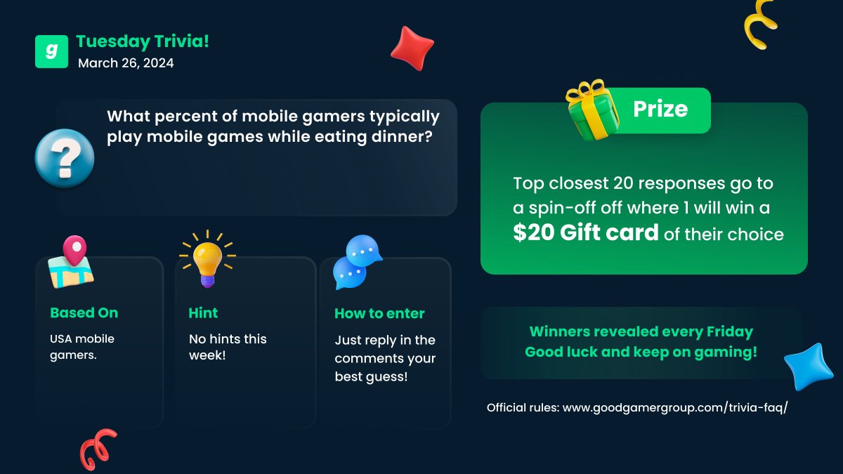 🧵Enter the #contest for a chance to win a gift card of your choice valued at $20💸. It’s super easy to enter:

1. Answer the #Trivia Question of the week in the comments.

⏰ Ends at 11:59 pm CT on  March 28, 2024. 

#GGGTrivia #gamers #mobilegames #dinner