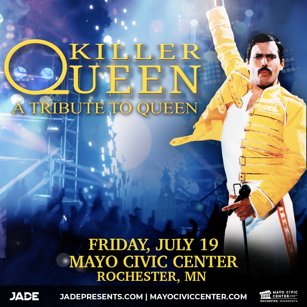 🎶 JUST ANNOUNCED 🎶 Killer Queen - preforming a tribute to Queen featuring Patrick Myers as Freddie Mercury coming to Mayo Civic Center July 19, 2024. Tickets go on sale Friday, March 29, 2024 at 10:00 am at the Mayo Civic Center Box Office and Ticketmaster.com.