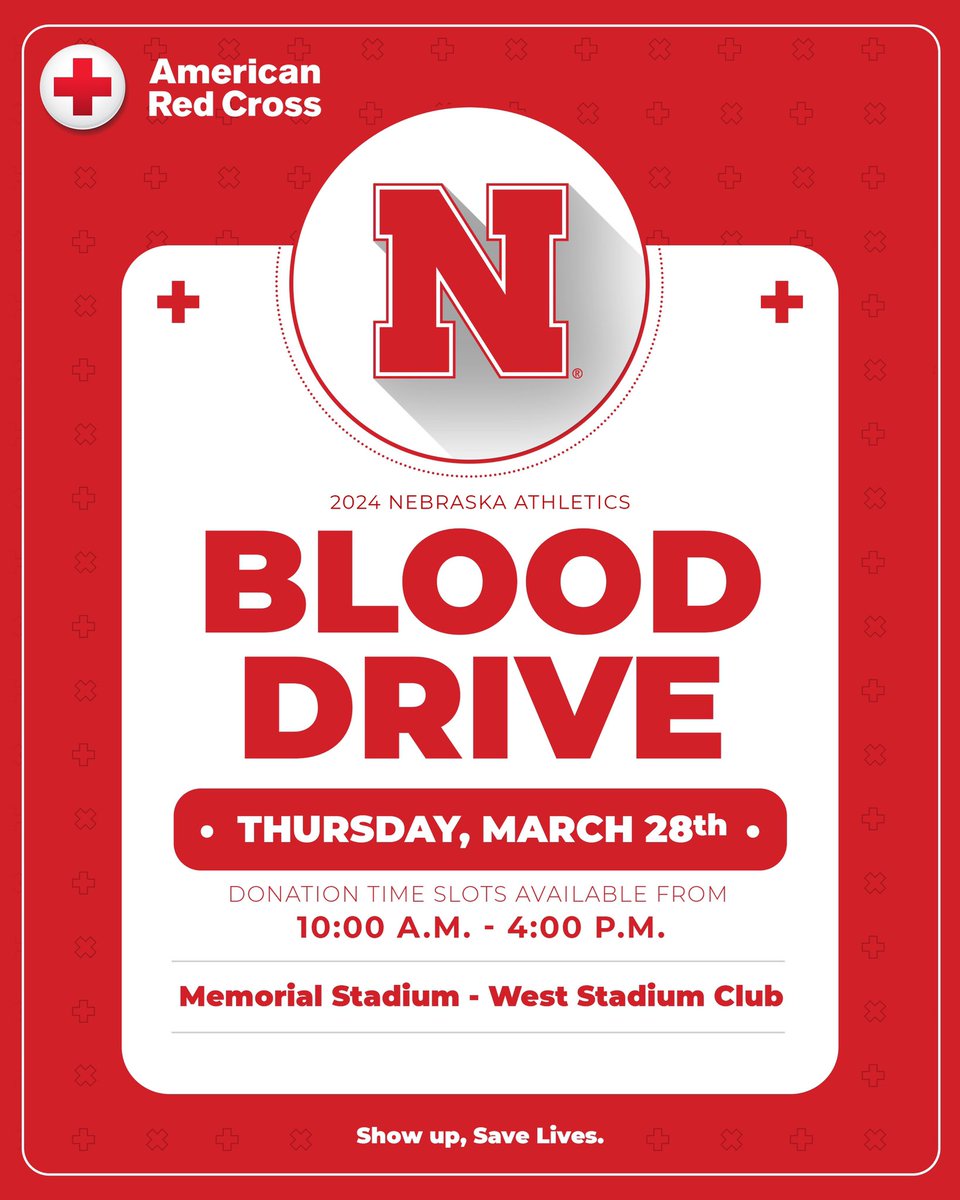 Husker Nation – Show up to Memorial Stadium on Thursday, March 28th for a blood drive with @RedCross. Show up and save lives. Register TODAY: go.unl.edu/erif (go.unl.edu/erif)!