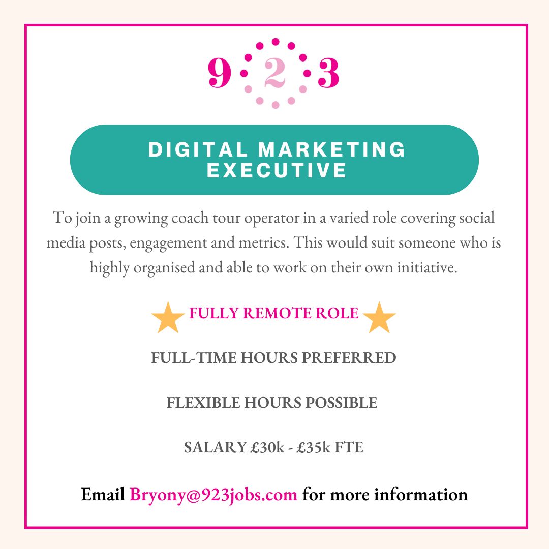⭐️JOB SHOUT OUT⭐️ Opportunity to join a growing coach tour operator as Digital Marketing Executive. 🔸Fully remote role 🔸Full-time hours 🔸Flexible working options 🔸Salary £30k - £35k FTE 👉 Bryony@923jobs.com #flexiblejob #marketingjobs #remotejob #remotework #flexiblework