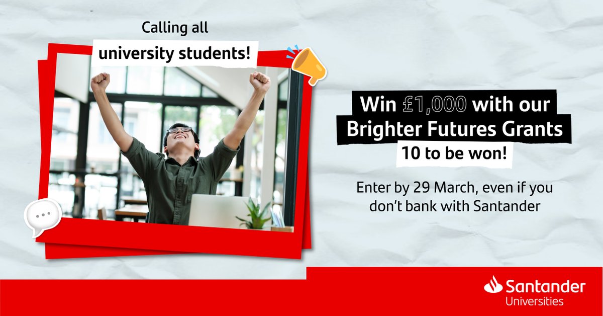 📢 Last chance to enter. Don’t miss out on your chance to win £1,000 with Santander Universities. 10 lucky Cardiff Metropolitan students will win £1K each. Awardees chosen at random. ➡️ Apply now: bit.ly/3VtrMsf #SanUniBFG24