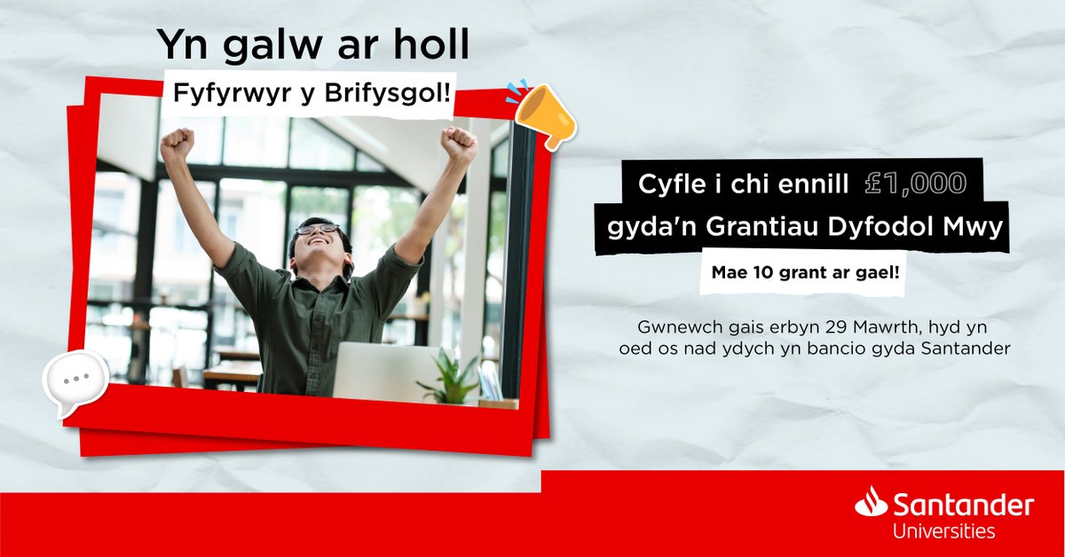 📢 Cyfle olaf i ymgeisio. 

Peidiwch â cholli’ch cyfle i ennill £1000 gyda Phrifysgolion Santander. 

Bydd 10 myfyriwr lwcus Metropolitan Caerdydd yn ennill £1K yr un. Dewisir yr enillwyr ar hap. 

➡️Gwnewch gais: bit.ly/3VtrMsf 

#SanUniBFG24