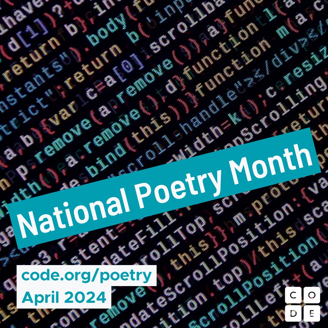 Teachers! Looking for a new activity for #NationalPoetryMonth in April? Try our updated Poem Art module, in which students discover the similarities between writing lines of code and writing lines of poetry! Check it out at code.org/poetry.