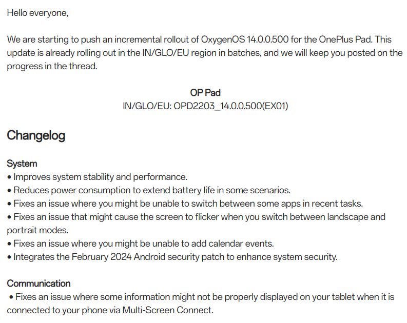 ⚡OnePlus Pad receiving OxygenOS 14.0.0.500 update in all regions. Below are the changes and firmware:

#OnePlusPad #OxygenOS