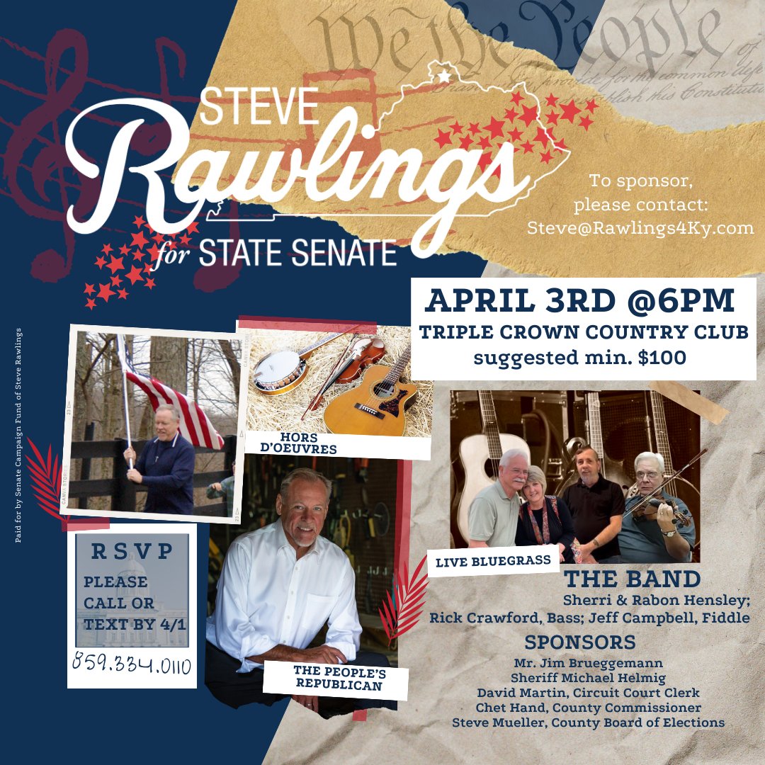 Don't miss out! April 3 @ 6pm: Join us for bluegrass tunes, appetizers, and camaraderie as we launch my campaign for Senate District 11! Let's rally behind The People's Republican party, and ensure continued representation for Kentucky citizens.