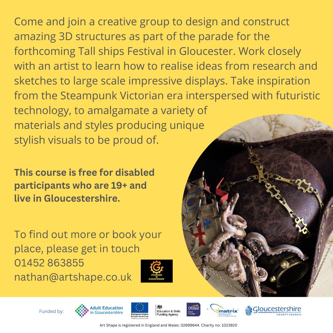 Come and join a creative group designed to construct amazing 3D structures as part of the parade for the forthcoming Tall Ships Festival in Gloucester. Book your place: 01452 863855 nathan@artshape.co.uk #ArtShape #Local #Glos #GlosTallShips #SteamPunk #TallShipsFestival