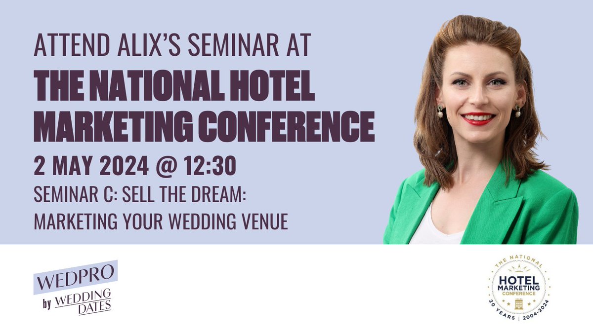 🎉 Join us at the National Hotel Marketing Conference on May 2nd at Hilton, St George's Park for a seminar on Wedding Venue Marketing by our own Alix Matania-Allerton. Save £50 with code WEDD225. Register now at hotelmarketingconference.co.uk #NHMC2024 @NHMCinfo #WeddingMarketing