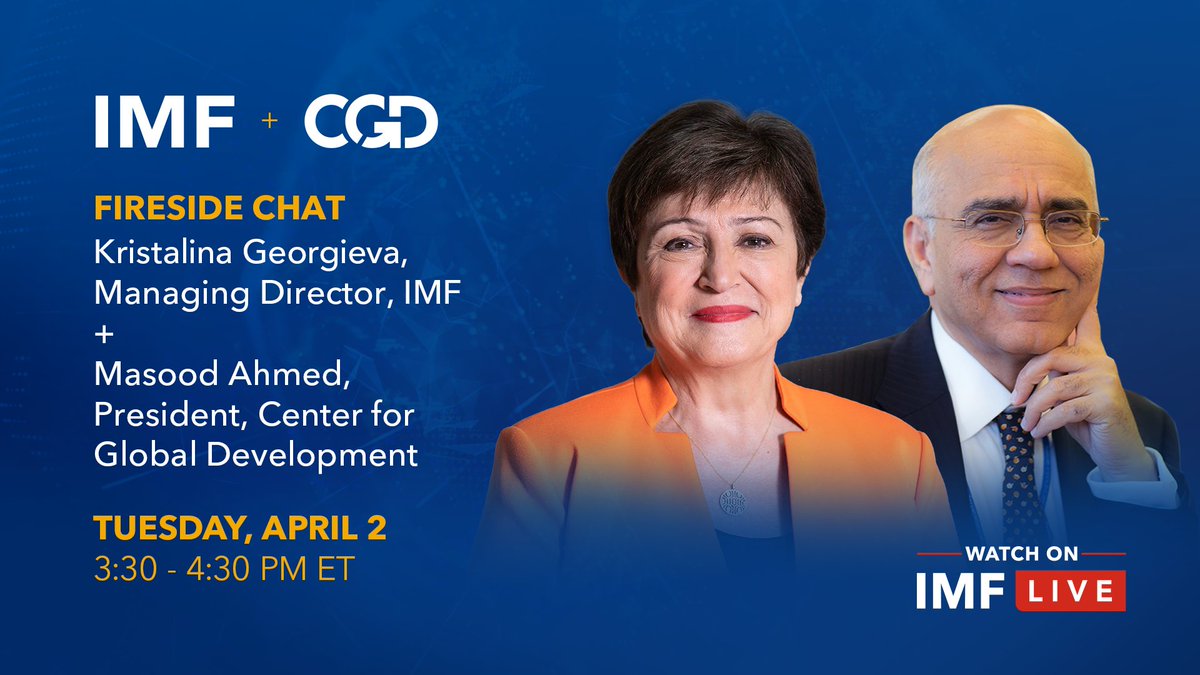 On April 2, the IMF's @KGeorgieva will sit down with @MasoodCGD to discuss the IMF's past lessons & future goals, including tackling climate change, fostering global cooperation, and aiding low-income and vulnerable states. Watch the livestream: bit.ly/3vqn1Vy