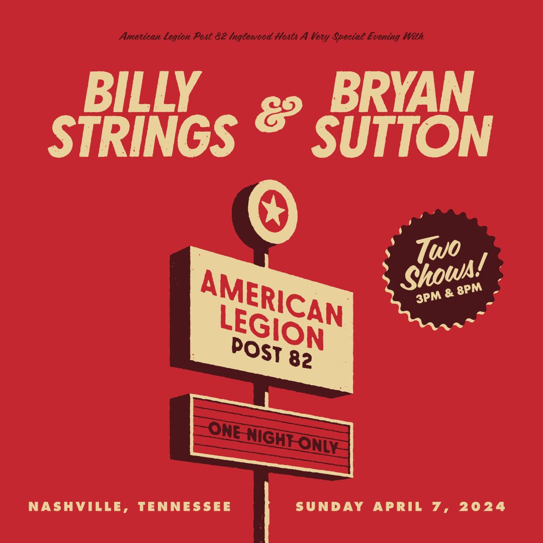 Nashville. @BryanD28Sutton and I are getting together again. One night only! April 7. Two shows (3pm & 8pm). American Legion Post 82. You can request tickets now until Wednesday March 27 at 11:59pm CT: …ystringsrequest.shop.ticketstoday.com