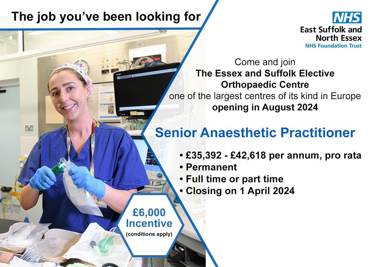 Are you an experienced Anaesthetic Practitioner ready for a new challenge in our Essex and Suffolk Elective Orthopaedic Centre? 👇 💻 Apply here: buff.ly/43ubgtX #NHS #NHSJobs #Surgery #Orthopaedics #Colchester #Healthcare @nmcnews @The_HCPC