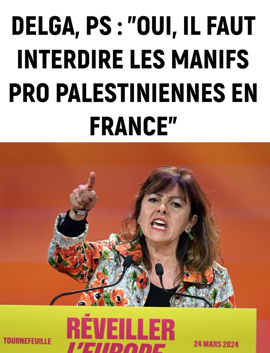 Pour son 1er meeting de campagne, Glucksmann a posé en centralité l'hollandiste Delga, l'héritière du raciste Frêche et votante de la déchéance de nationalité. Or, Delga est claire sur la Palestine : 'Oui il faut interdire les manifestations pro-palestiniennes en France' 2/25