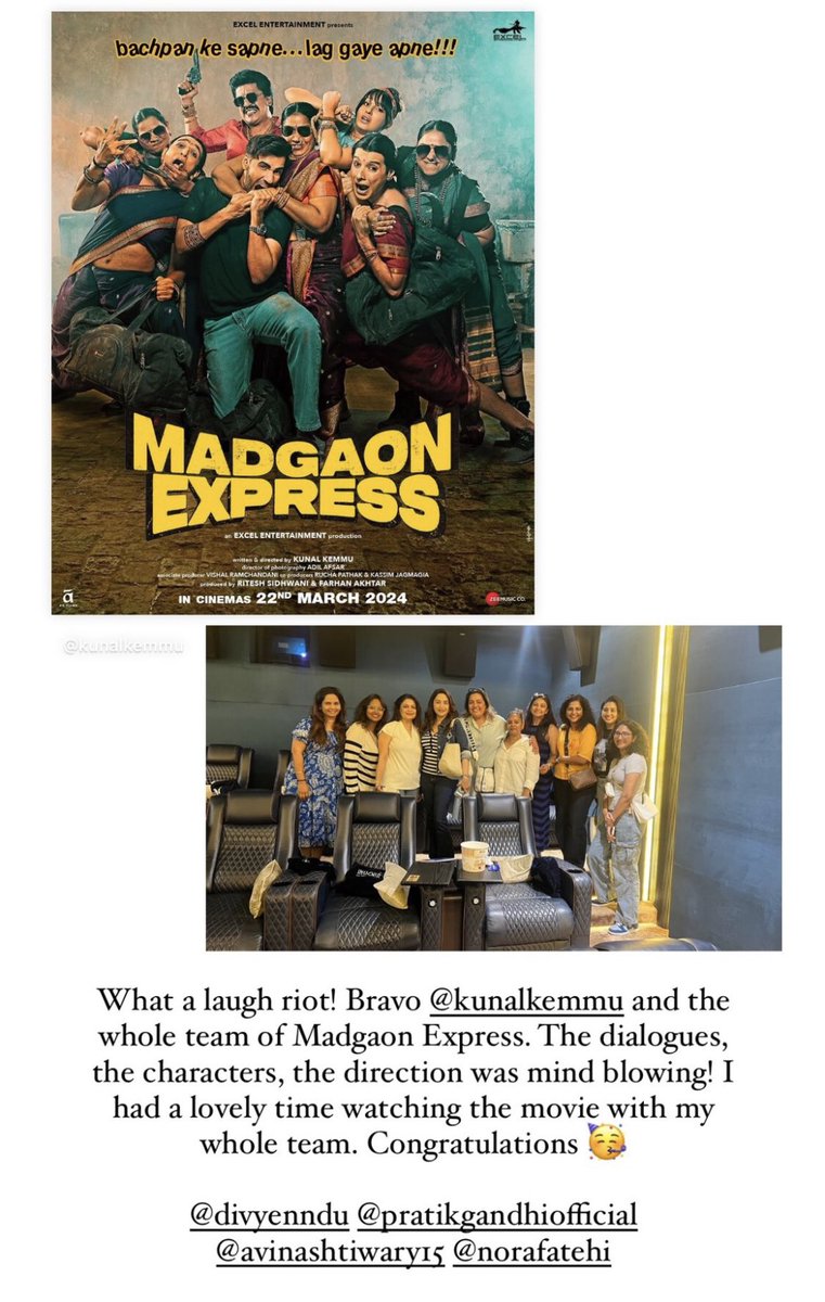 So MD with team went to watch #MadgaonExpress movie 
It’s #KunalKhemu’s first direction I think good to see her support to actors and movies ❤️
PS:Fun part she can’t even remember Kunal’s name during Kalank 2nd trailer launch🤪
Nora is also part of the movie umm
#MadhuriDixit