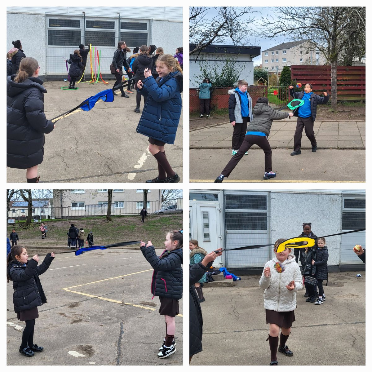 The middle/senior playground children are trying out our new tosh and catch ball game.@StBlanesGCC Fun times at lunchtime! 🙂 #Playground #heathandwellbeing #friendships