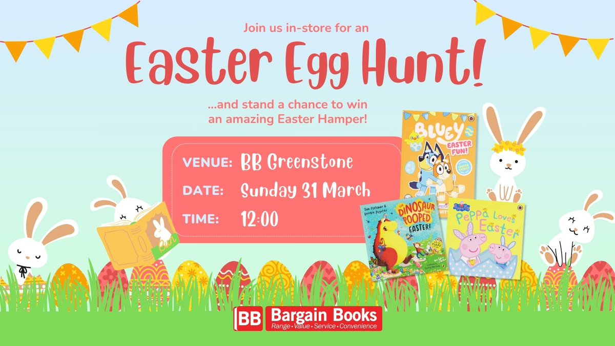 Join us for some Easter fun at Bargain Books Greenstone on the 31st of March 2024 at 12pm. You can stand a chance of winning our Easter hamper and having an evening full of fun. Link to Event: fb.me/e/7Wlm304y8 We hope to see you there!