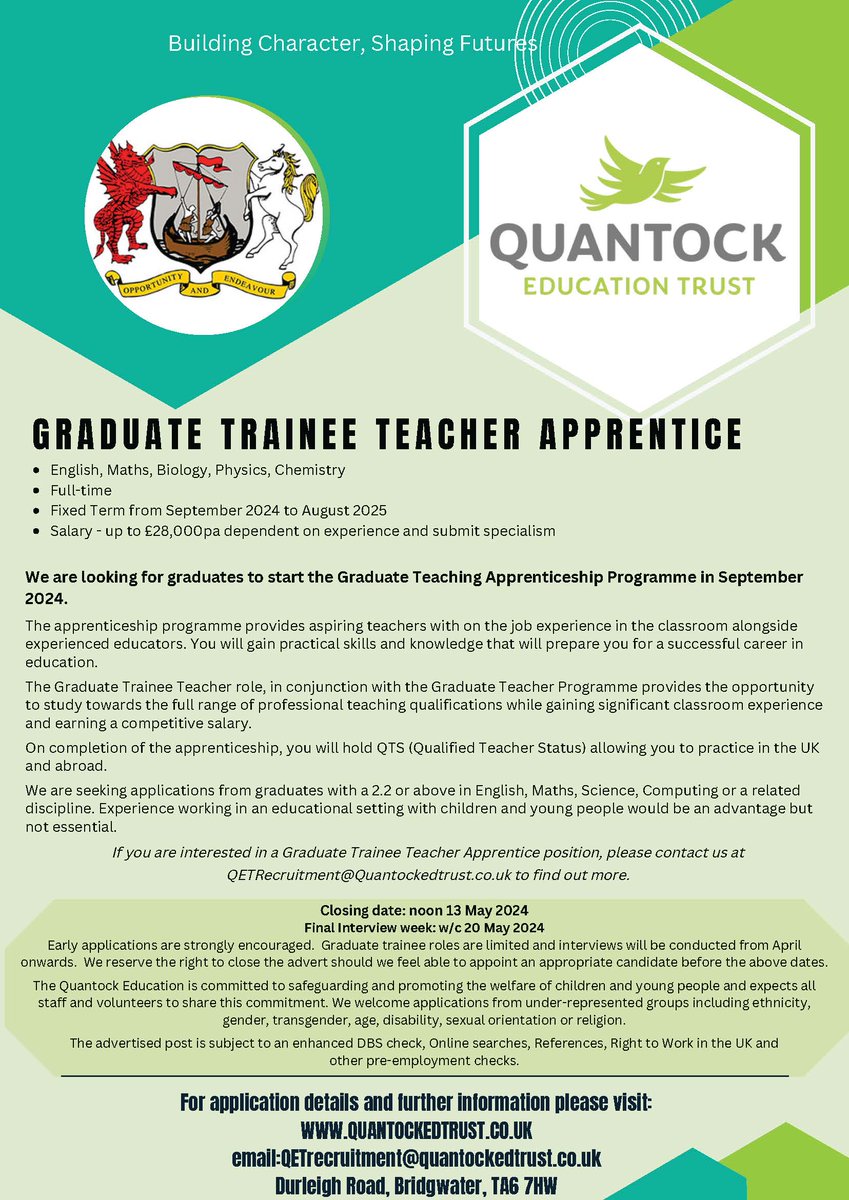 EdQuantock's tweet image. We have exciting new opportunities for aspiring teachers, as we are now seeking graduates to start the Graduate Teaching Apprenticeship Programme at @Haygrove School in September 2024. 

#teachertraining #teachingapprenticeship