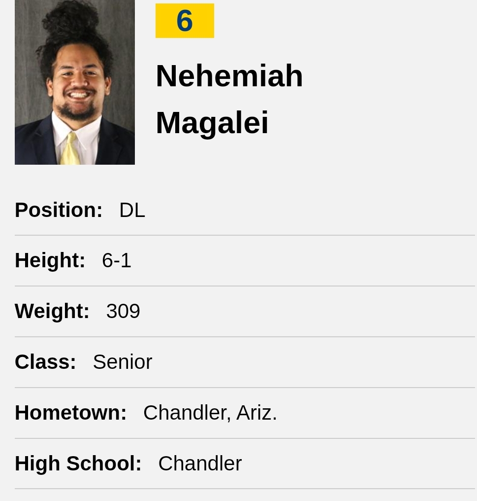 Northern Arizona DL Nehemiah Magalei entered the portal as a grad transfer; in 2023 he finished with 41 tackles, 6.5 TFL and 2.5 sacks @NMFIVE8