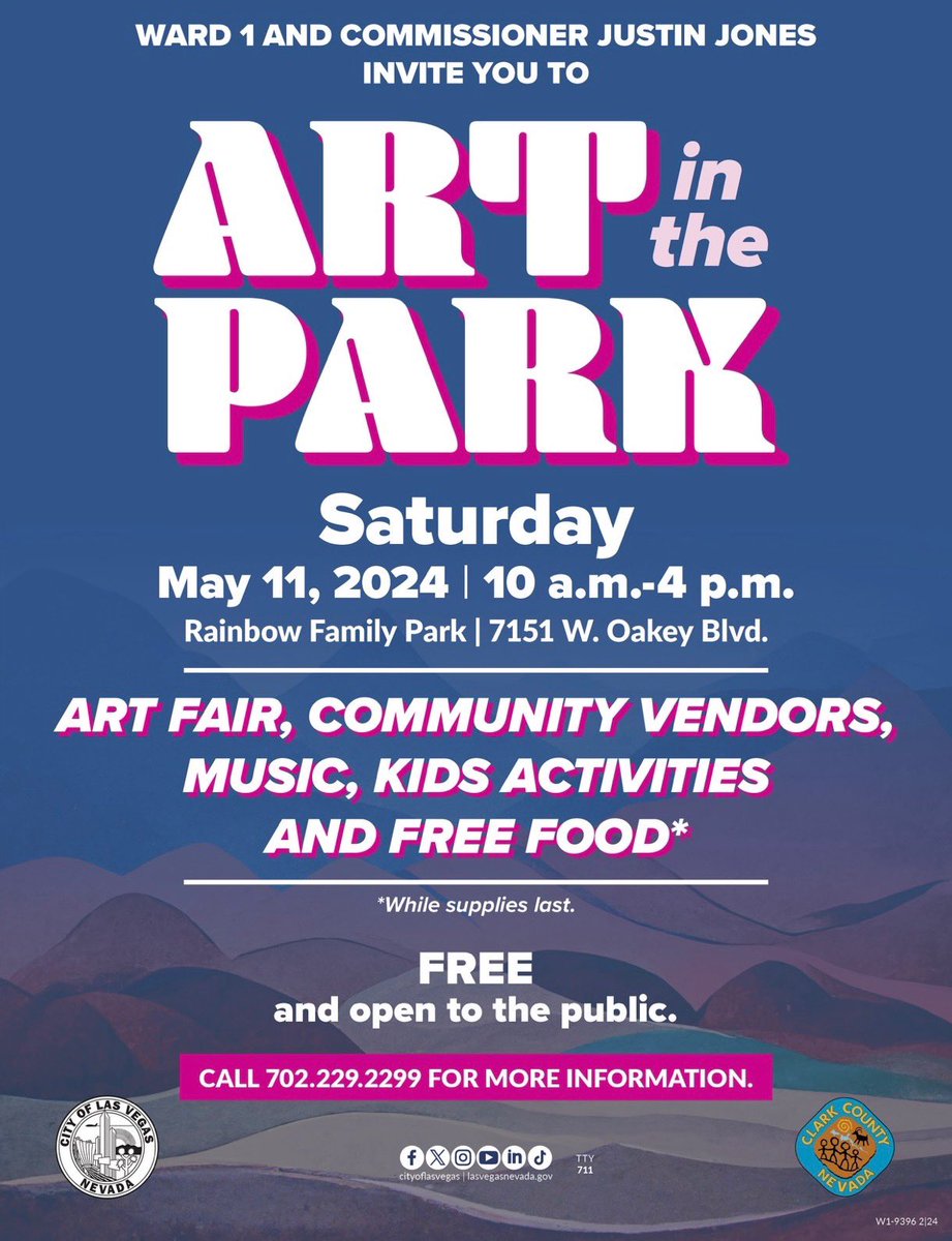 Don’t forget to save the date for #ArtInThePark with Team #Ward1 and @justinjonesnv on Saturday, May 11th, at #RainbowFamilyPark. It’s going to be a day filled with #art, music, activities for the kids, and #freefood. See you there.